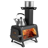 costway estufa de lena portatil con 2 posiciones de coccion manija de puerta y ventana de vidrio resistente al calor para cocinar y acampar
