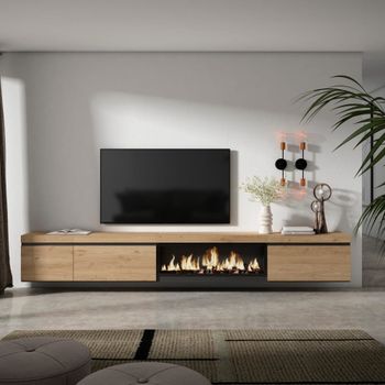 Mueble tv efecto madera roble 317x35x45cm chimenea efecto fuego