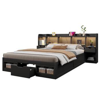 Cama 140 X 200 Cm Negra Con Almacenaje, Tres Cajones, Luces Led Y Conexión Usb