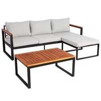 mobiliario de jardin mesa sofa aluminio y madera de acacia con cojines gris claro 040008312