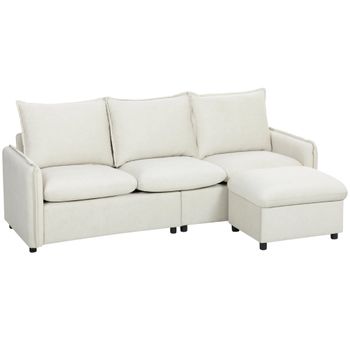 HOMCOM Sofá Esquinero 3 Plazas Modular en Tejido Efecto Piel Transpirable con Contenedor Puf, Cojines, Crema