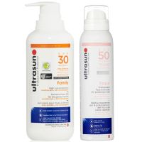 ultrasun family spf 30 400 ml y ultrasun bruma uv para rostro y cuero cabelludo spf 50 150 ml pack