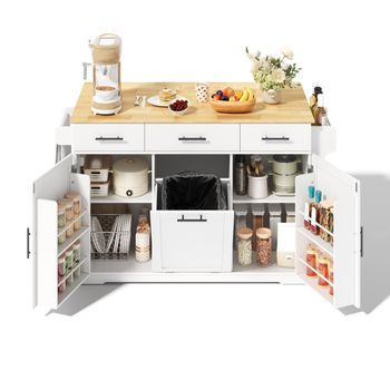 Isla De Cocina Móvil Con Ruedas, Encimera Plegable, Tomas De Corriente, 136x75x92 Cm, Mdf, Blanco