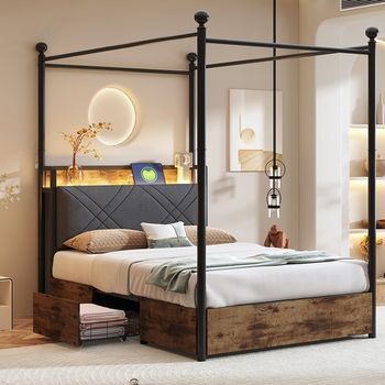 Cama De 90 × 190 Cm De Hierro Con Almacenamiento, Dosel De Hierro, Montantes Led/usb Y 2 Cajones – Cama Para Adolescentes
