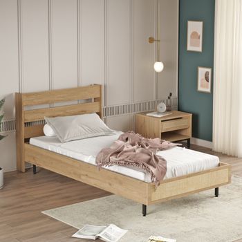 Cama Simple Kvænangen Con Cabecero 100x200cm - Roble Y Ratán [en.casa]