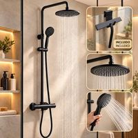 kibath columna de ducha termostatico  altura regulable 83-120 cm  laton macizo negro mate  diseno redondo con rociador efecto lluvia y alcachofa  ideal techos altos