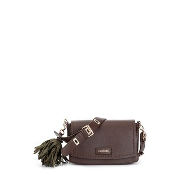 solapa con colgante grande de flor de tela, asa con hebilla normal dark brown