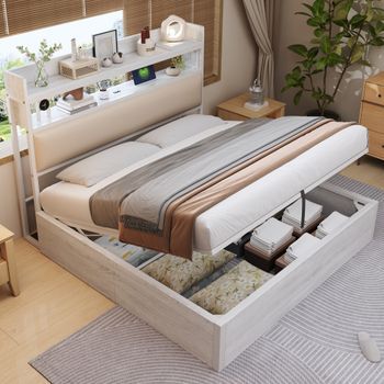 Cama Con Cabecero Y Baldas De Almacenaje De 180 X 200 Cm - Tomas Usb - Madera Mdf - Blanco (sin Colchón)