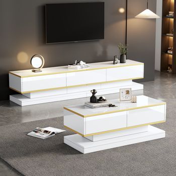 Conjunto De Tv Y Mesa De Centro, Diseño Moderno, Mdf + Adorno Dorado, Blanco (200x40x40 Cm + 100x50x38 Cm)