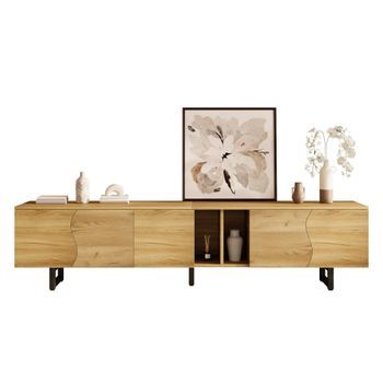 Mueble De Tv De 191 Cm Con Puertas Curvas, Estantes Abiertos Y Acabado Natural