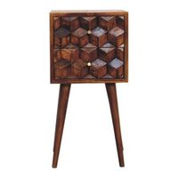 mesita de noche cubica de madera maciza estilo artesanal mini con 2 cajones color castano