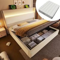 cama hidraulica 140 x 200 cm cabecero alto led almacenamiento usbtipo c aspecto lino beige con colchon