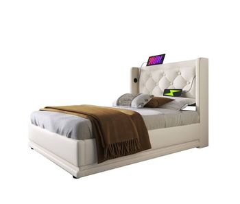 Cama individual de poliuretano 90x200cm con almacenaje,luz led,blanco