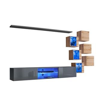 Conjunto De Muebles De Salón Switch Xxi – Led – Gris Y Roble – Diseño Suspendido