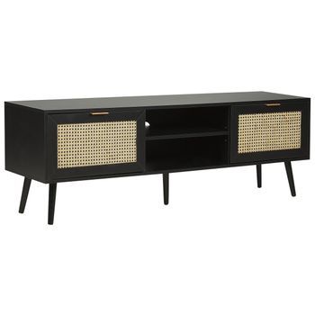 Mueble De Tv De Ratán Frontal De Mimbre Mdf Madera De Caucho Negro Patas 2 Vitrinas Estantes Abiertos Sala De Estar De Estilo Boho Negro Opoco