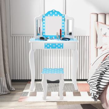 Juego De Mesa Y Taburete Infantil Con Estampado Lunares Y Caj贸n Azul Blanco