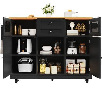Isla De Cocina Negra Con Encimera Plegable, Carrito Auxiliar Con Toallero Lateral Y Cajones, 140x70x93.5cm, Mdf Y Metal, Negro
