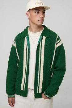 Regular Fit Embroidered Striped Zip Through Knitted Polo, Verde