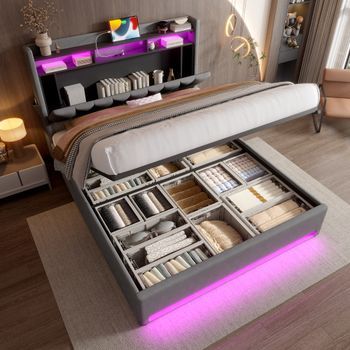 Cama Doble Tapizada Con Iluminación Led, Carga Usb-c, Almacenamiento Hidráulico Bajo La Cama Y Cabecero, 140x200 Cm, Gris