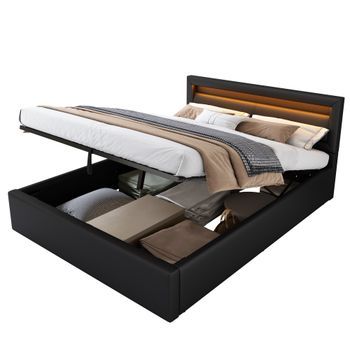 Cama De 140x200 Cm Con Acolchado Y Led, Cama Con Estructura De Madera Y Tela Pu, Con Respaldo Iluminado, Rejilla De Soporte Y Espacio De Almacenamiento Bajo Cama, Sin Colchón, Capacidad Máxima 150 Kg, Color Negro