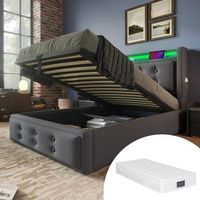cama individual tapizada 90x200 con cabecera led y carga usb-c somier de listones de madera y metal hidraulico gris algodon con colchon