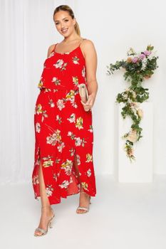 Yours London Vestido Largo Rojo De Tirantes Con Flores, Mujer Curvy Y Tallas Grandes, Yours London