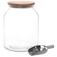 frasco de vidrio con tapa de madera de acacia y pala de acero inoxidable
