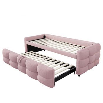 Sofá Cama Extensible 90x190, Puf Cama Convertible En Cama Individual Y Doble, Cama Tapizada Rosa.