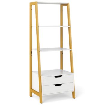 Costway Estantería de Escalera con Almacenamiento Alta de Exhibición Independiente con 4 Estantes Abiertos y 2 Cajones Versátil Librería