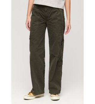 Superdry para mujer. W7011075A Pantalón cargo de talle bajo con bordado verde (28), Casual, Algodón