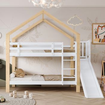 Cama Infantil Con Tobogán Y Escalera De 3 Peldaños, Barrera De Seguridad, Madera Maciza Blanca + Natural, 90x200cm