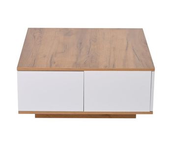 Mesa de centro 70x70x31,5 cm - con 3 cajones, diseño geométrico, alto brillo - blanco + madera original