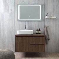 mueble de bano suspendido 90cm con puerta y 2 cajones en nogal oscuro lavabo de apoyo y espejo con led  siena