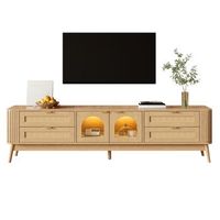 mueble de tv 180 cm con luces led control por app 4 cajones y puertas de cristal templado madera maciza color natural