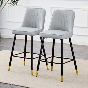 Set De 2 Taburetes De Bar De 100 Cm, Polipiel Gris Claro Y Estructura Metálica Negra