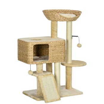 PawHut Árbol Rascador para Gatos 1 Cueva para Gatos 1 Cama para Gatos 1 Área de Descanso 1 Rampa 60x40x98 cm Natural y Beige   Aosom España