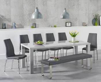 Atlanta 200cm Light Grey High Gloss Dining Table with Cavello Chairs and Atlanta Large Grey Bench