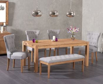 Verona 150cm Solid Oak Dining Table with Camille Fabric Chairs and Camille Grey Fabric Bench