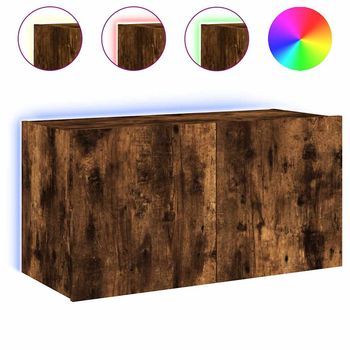 Mueble Tv De Pared | Mueble De Salón | Armario Tv Con Luces Led Roble Ahumado 80x35x41 Cm