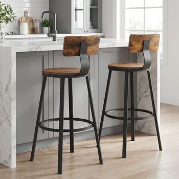 2 taburetes altos de cocina con respaldo de color marrón y negro
