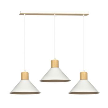 Regleta de techo con 3 pantallas de metal blanco y detalle en madera