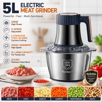 Picadora de carne eléctrica de acero inoxidable 304 de 5L, procesador de alimentos multifuncional de 5 velocidades y 6 cuchillas, picadora de cocina de bajo ruido para moler carne, verduras, frutas y