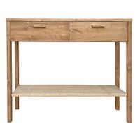mesa recibidor de madera tono roble 2 cajones y balda de rafia 120cm