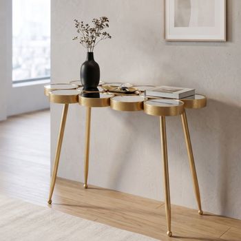 Mesa de metal dorado, tapa con espejos cm 100x55x70