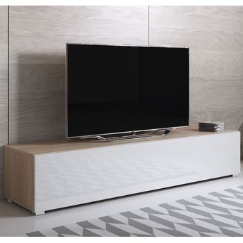 Mueble Tv Con Patas 2 Cm | Mueble De Televisión | Mueble De Salón | 1 Puerta | 160x32x40cm | Modelo Luke H2 | Sonoma Mate Y Blanco Brillo
