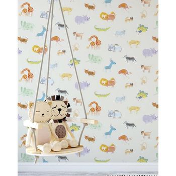 Papel Pintado Infantil Con Animales Del Zoo Jirafas Elefantes Tigres Leones Y Monos - Animals Zoo 125922 De Gaulan - Rollo De 10 M X 0,53 M