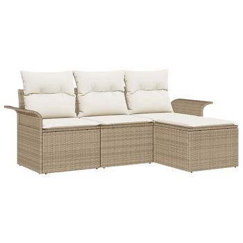 Conjunto De Sofá De Jardín Con Cojín 4 Piezas | Mueble De Jardín Beige Poliratán