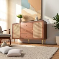 mesa consola de madera con paneles de cana