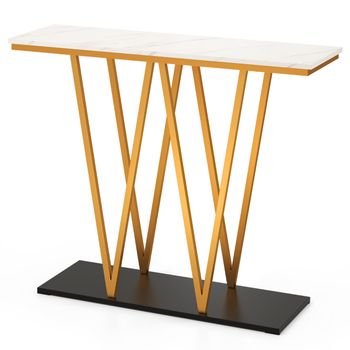 Costway Mesa de Entrada Dorada Mesa Consola Moderna de 100 cm con Superficie de Mármol Artificial y Marco Metálico Mesa Geométrica para Sofá Blanco