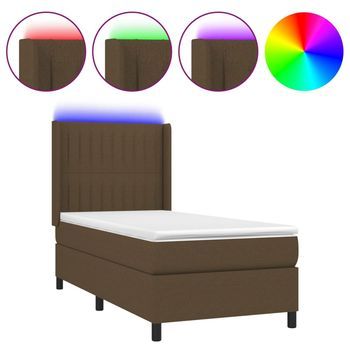 Cama Para Adultos | Cama Box Spring Colchón Y Luces Led Tela Marrón Oscuro 90x200cm